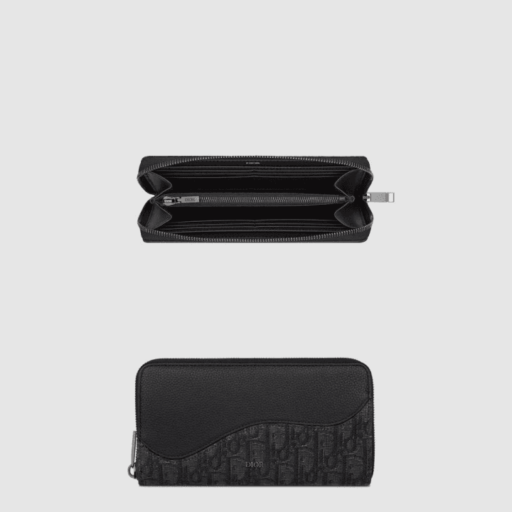 디올 Saddle 지퍼 장지갑 블랙 그레인 송아지 가죽 마케트리 & 블랙 Dior Oblique 자카드