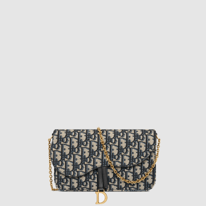 디올 새들 체인 파우치 네이비&베이지 Dior Oblique 자카드