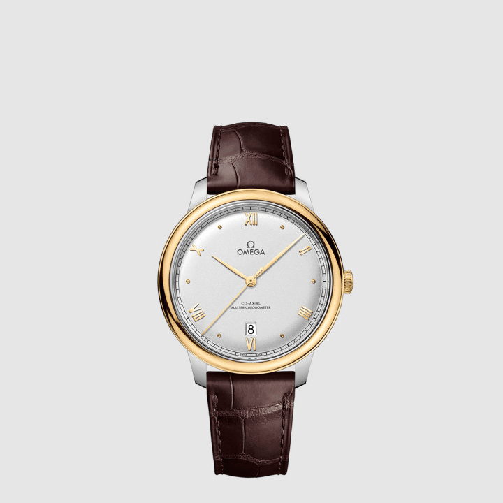 오메가 드 빌 프레스티지 코 액시얼 마스터 크로노미터 40mm 스틸 & 옐로우 골드 실버 다이얼 가죽 스트랩