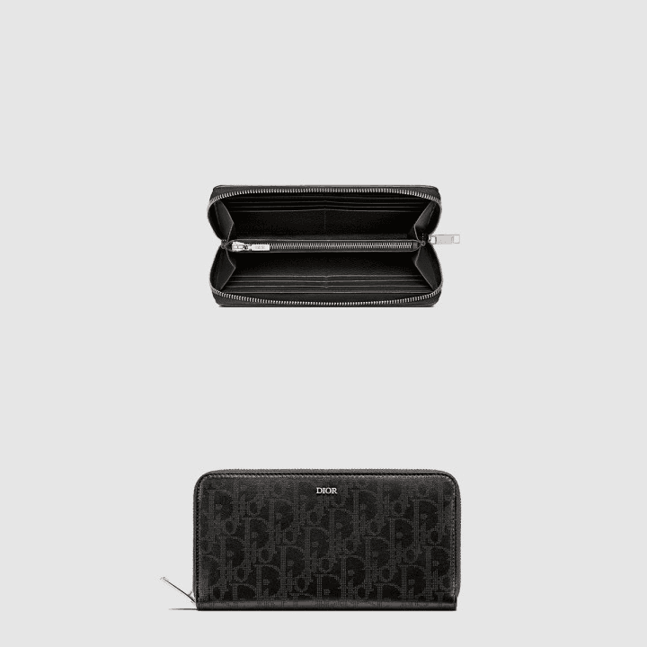 디올 블랙 Dior Oblique 자카드 지퍼 차콜 장지갑