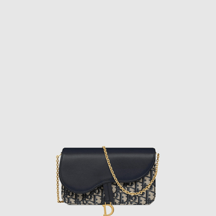 디올 Saddle 미디엄 체인 파우치 블루 Dior Oblique 자카드
