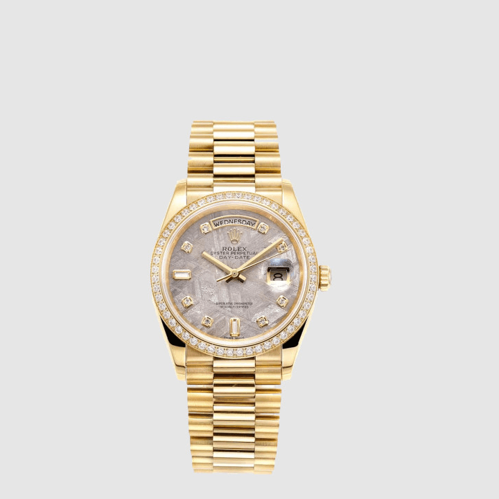 롤렉스 데이데이트 36 옐로우 골드 메테오라이트 다이아몬드 다이얼 및 베젤