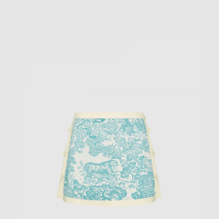 디올 Dioriviera 스트레이트 미니스커트 딥 아이보리&그린 및 화이트 테크니컬 니트, Toile de Jouy Sauvage 모티브 이미지형