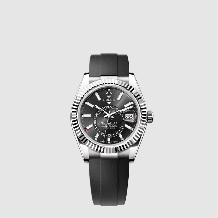 롤렉스 스카이 드웰러 오이스터 42mm 화이트 골드 브라이트 블랙 다이얼 오이스터플렉스
