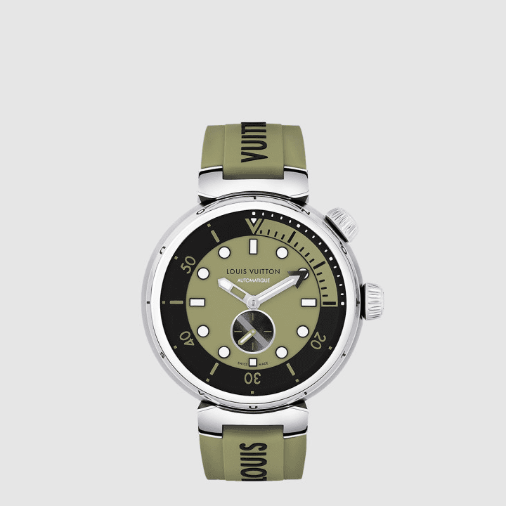루이비통 Tambour Street Diver, 오토매틱, 44mm, 스틸 카키&실버