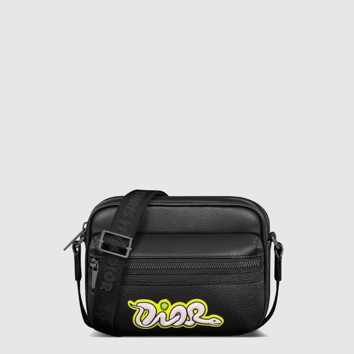 디올 AND KAWS Rider 2.0 미니 지퍼 메신저백 블랙 그레인 송아지 가죽