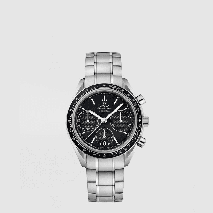 오메가 스피드마스터 레이싱 코 액시얼 크로노미터 크로노그래프 40 MM 실버&블랙