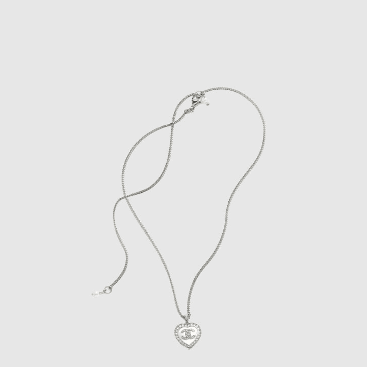 샤넬 코코 마크 메탈 라인스톤 코스튬 펄 하트 네크리스 실버