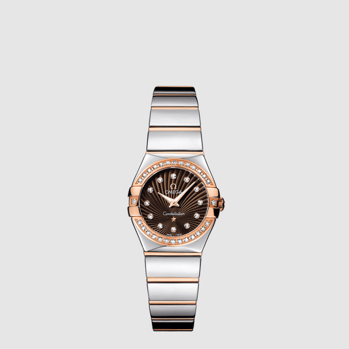 오메가 컨스텔레이션 쿼츠 27MM 스틸 레드 골드 브라운 다이얼 다이아몬드 베젤