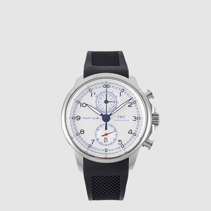 그레이 블랙 하이 콘트라스트 다이얼 IWC 포르투기저 요트 클럽 크로노그래프 에디션 올레바 브라운