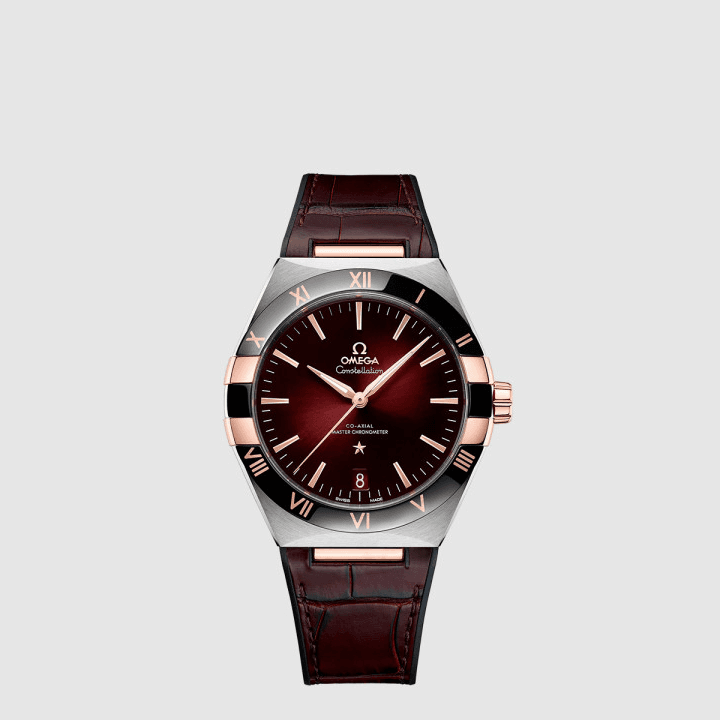 오메가 컨스텔레이션 코‑액시얼 마스터 크로노미터 41 MM 스틸 & 세드나 골드 버건디 다이얼 가죽 스트랩