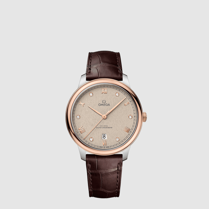 오메가 드 빌 프레스티지 코 액시얼 마스터 크로노미터 40MM 스틸 세드나 골드 다이아몬드 가죽